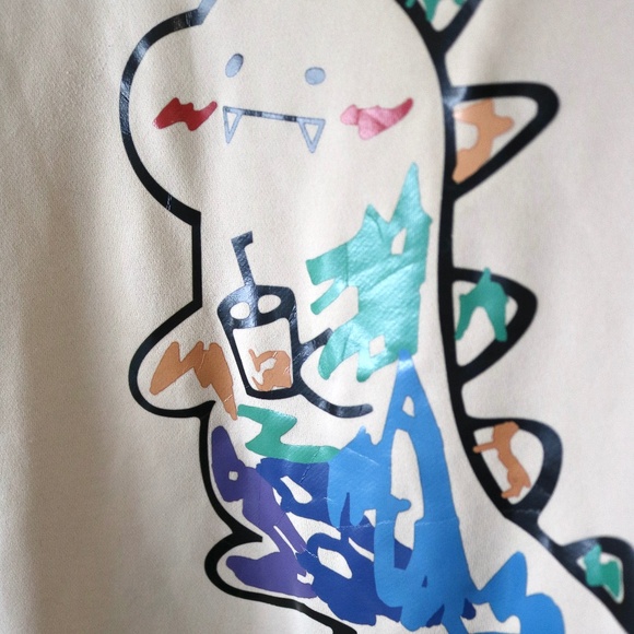 Scribble Dinosaur with Drink Beige Crew Neck Sweater Women's Size Small Cute - Picture 3 of 5